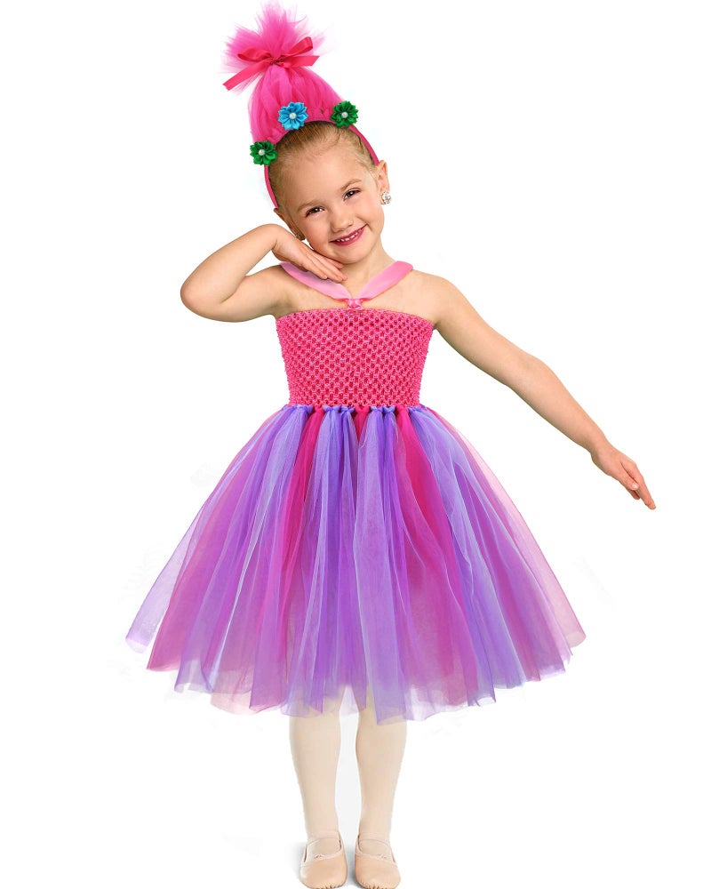 TYHTYM Trolls Costumes Little Girls Princess Poppy Cosplay Birthday Halloween Toddler Kids Baby Tutu Dresses with Headband Rose Red - Image 2